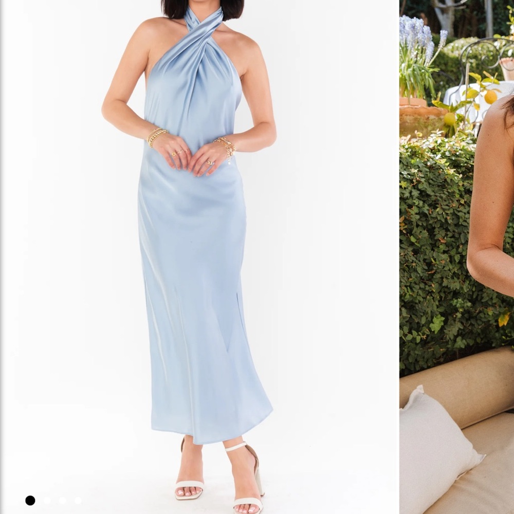Show Me Your Mumu | Jasmine Halter Midi Dress | Steel Blue Luxe Satin